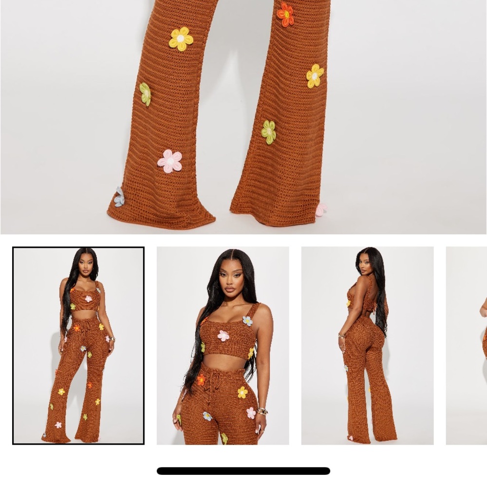 Brown Knit Set with Colorful Flower Accents